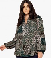Apricot Curves Green Mixed Print V Neck Long Puff Sleeve Blouse
